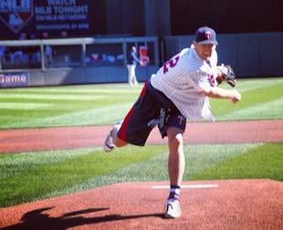 Kevin Love fires a first pitch at a recent Twins game — Twitter