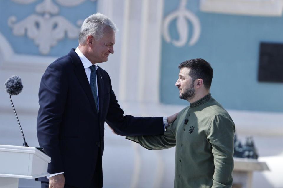 President of Ukraine Volodymyr Zelenskyi (R) accepts congratulations from Lithuanian President Gitanas Nausėda (L) during an event dedicated to the Independence Day of Ukraine on August 24, 2023 in Kiev, Ukraine.