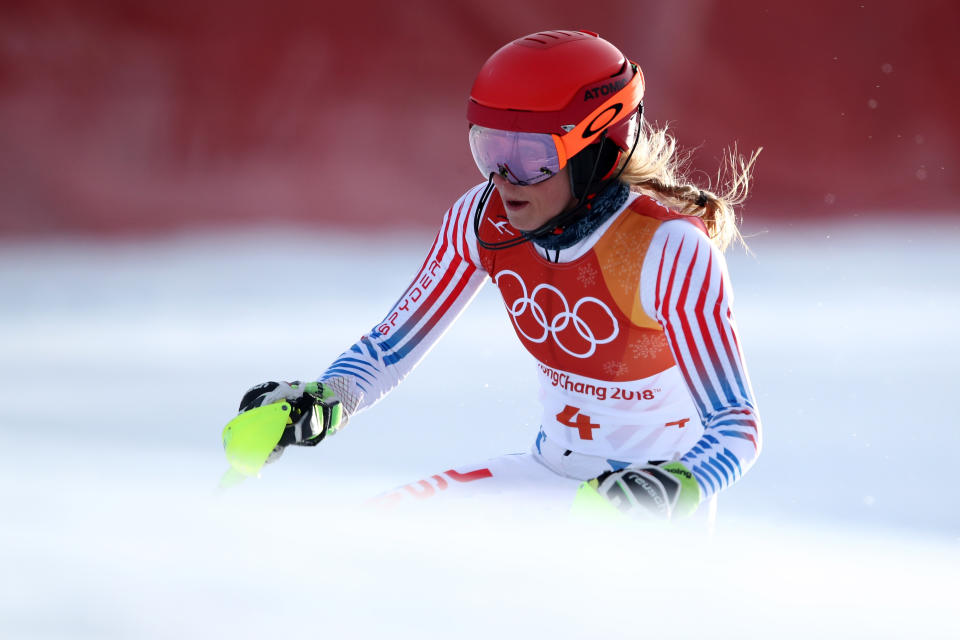 Mikaela Shiffrin skis in the women’s slalom competition at the 2018 Winter Olympics. (Getty)