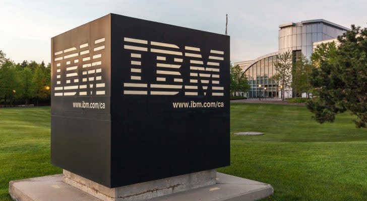 Sign of IBM with Canada Head Office Building in background in Markham, Ontario, Canada. IBM is an American multinational technology company.