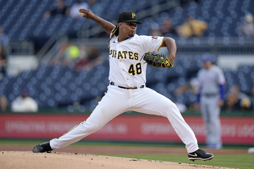 Pittsburgh Pirates starting pitcher Luis Ortiz delivers during the first inning of a baseball game against the Texas Rangers in Pittsburgh, Monday, May 22, 2023. (AP Photo/Gene J. Puskar)