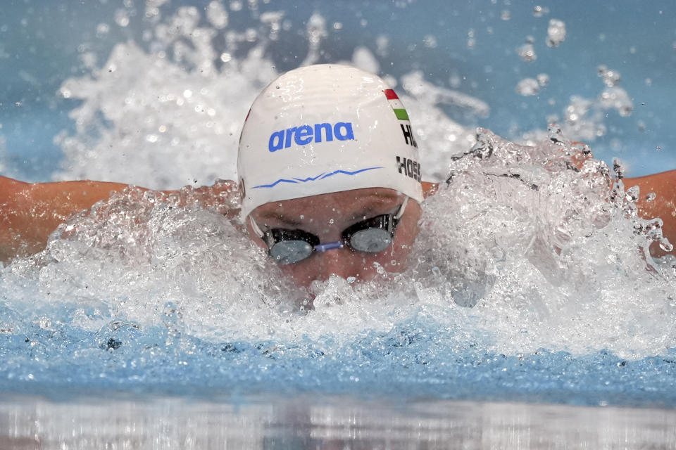 Katinka Hosszu of Hungary swims in a women's 200-meter individual medley semifinal at the 2020 Summer Olympics, Tuesday, July 27, 2021, in Tokyo, Japan. (AP Photo/Matthias Schrader)