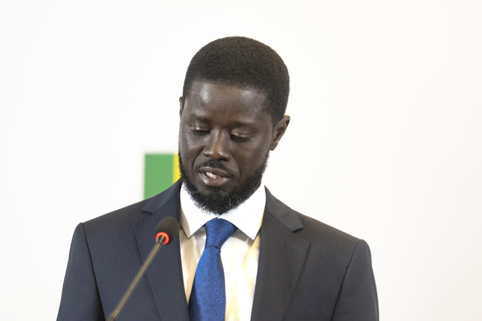 Bassirou Diomaye Faye holds a press conference after winning the presidential elections in Dakar, Senegal, Monday, March 25, 2024. (AP Photo/Mosa'ab Elshamy)