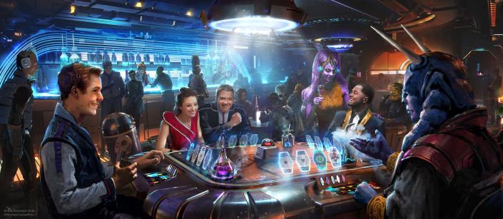 Guests can try their hand at Sabacc at the Sublight Lounge on board the Star Wars: Galactic Starcruiser.