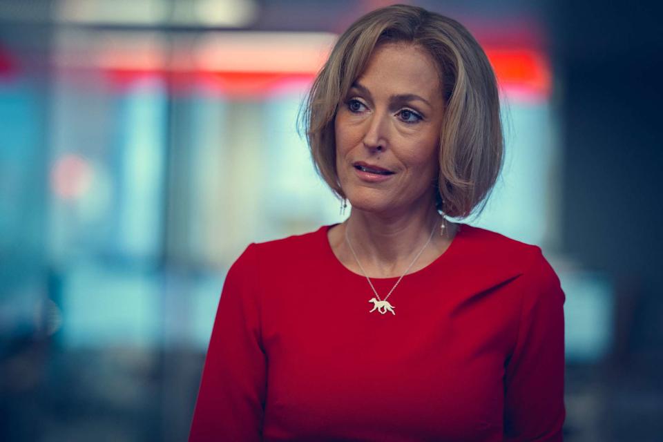 <p>Netflix</p> Gillian Anderson as Emily Maitlis in 