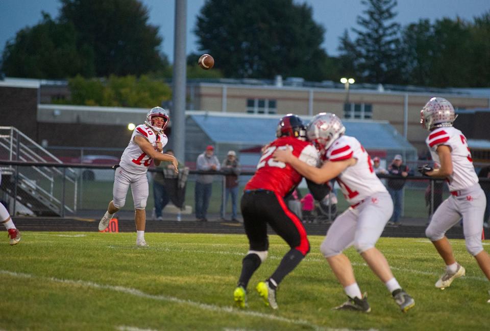 Buckeye Central's Derex Dean slings the ball out to a teammate.