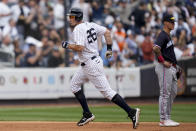New York Yankees' DJ LeMahieu runs the bases after hitting a solo home run off Minnesota Twins starting pitcher Pablo Lopez in the sixth inning of a baseball game, Sunday, April 16, 2023, in New York. (AP Photo/John Minchillo)
