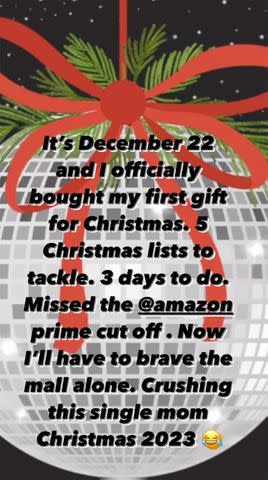 <p>Tori Spelling/Instagram</p> Tory Spelling's Instagram Story sharing her gift-giving status for Christmas.