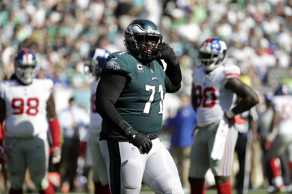 Philadelphia Eagles offensive tackle Jason Peters is out for the season, but he's still enjoying his first Super Bowl trip. (AP)