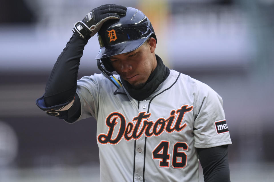 Detroit Tigers' Wenceel Pérez walks back to the dugout after striking out during the first inning of the team's baseball game against the Minnesota Twins, Friday, April 19, 2024, in Minneapolis. (AP Photo/Abbie Parr)