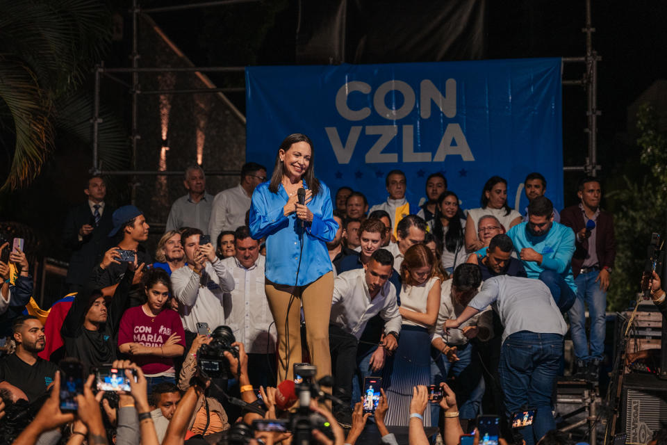 La principal candidata de la oposición del país, María Corina Machado, ha sido inhabilitada para presentarse a las elecciones nacionales que deben celebrarse este año. (Adriana Loureiro Fernandez/The New York Times)