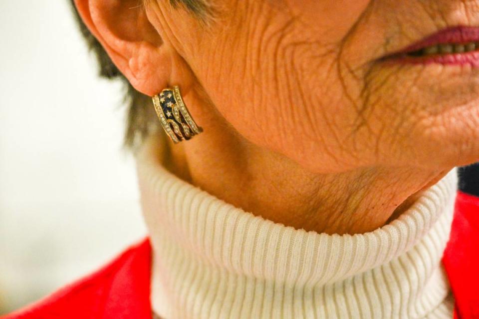 Murriel Oles, 80, says she likes to wear something red, white and blue while working at the Placer County Elections Office in Rocklin on Friday. She said she hasn’t missed an election since she was 21 (the 26th Amendment, which lowered the legal voting age to 18, was ratified after that event).