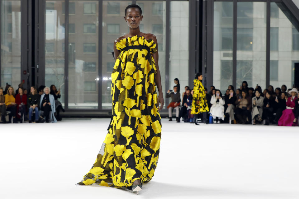 The Carolina Herrera collection is modeled during Fashion Week in New York, Monday, Feb. 10, 2020. (AP Photo/Richard Drew)