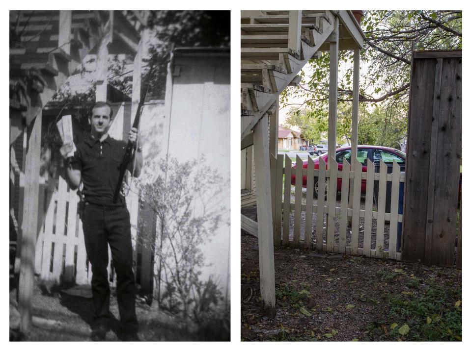 Combination picture of Lee Harvey Oswald standing with a rifle in the backyard of 214 W. Neely Street in Dallas, Texas in 1963 and the same scene in 2013