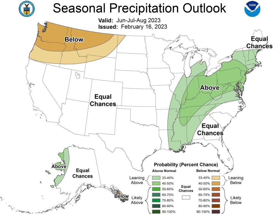 The seasonal precipitation outlook from the Climate Prediction Center for June, July and August 2023 indicates that Cape Cod might see more precipitation than usual.