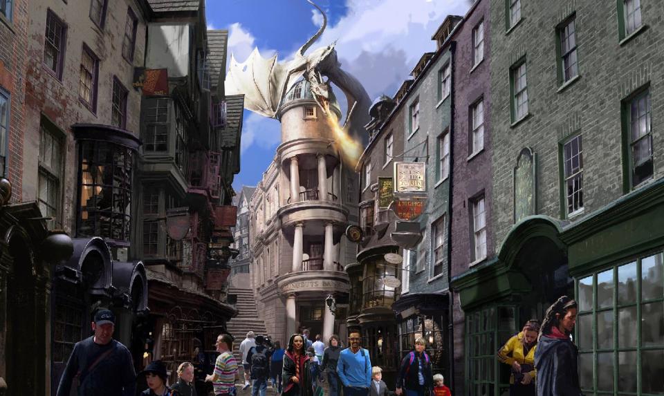 This artist rendering released by Universal Orlando shows the new Harry Potter area called Diagon Alley, opening at Universal Orlando Resort this summer. Details of Diagon Alley were released in a media webcast on Thursday, Jan. 23. (AP Photo/Universal Orlando)