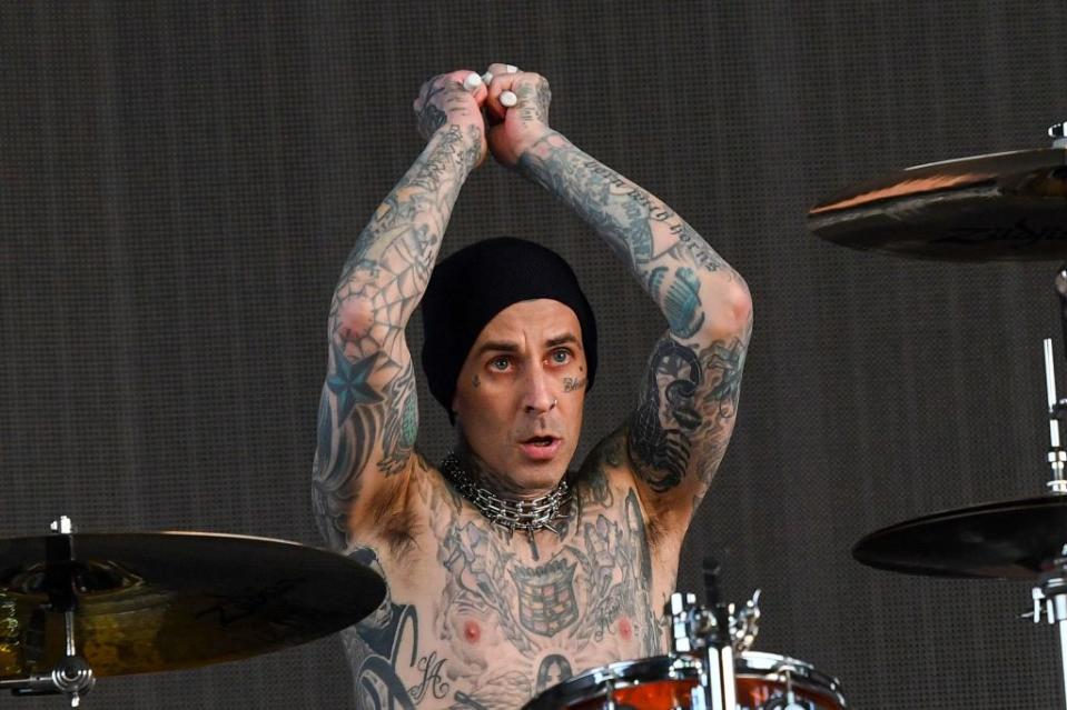 Drummer Travis Barker from Blink-182 performs during the first week-end of Coachella Valley Music and Arts Festival in Indio, California, on April 14, 2023. (Photo by VALERIE MACON / AFP) (Photo by VALERIE MACON/AFP via Getty Images)