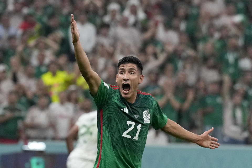 Mexico's Uriel Antuna gestures during the World Cup group C soccer match between Saudi Arabia and Mexico, at the Lusail Stadium in Lusail, Qatar, Wednesday, Nov. 30, 2022. (AP Photo/Ricardo Mazalan)