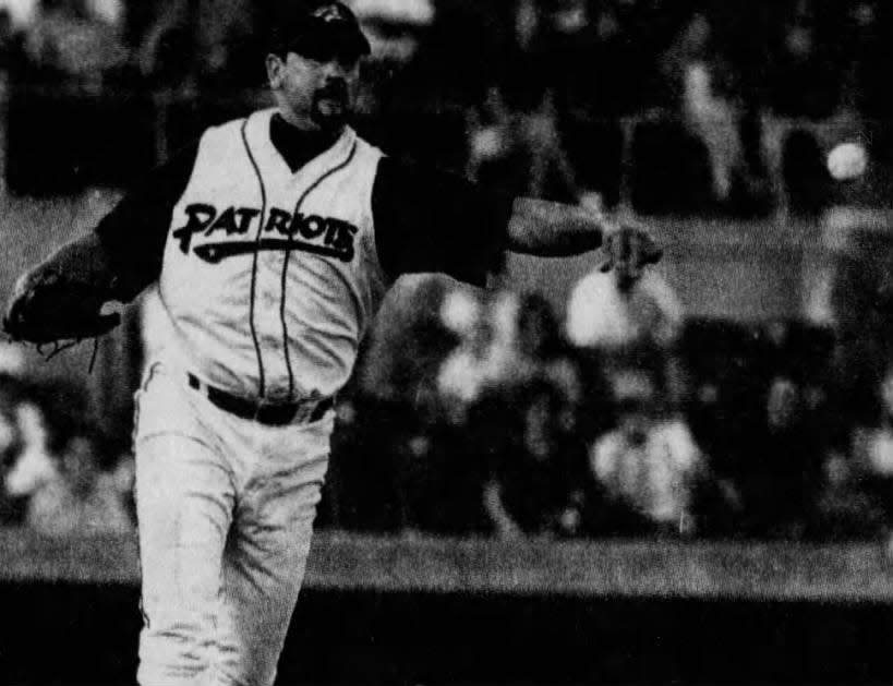 Patriots pitcher Frank Gonzales throws to first after fielding a bunt during the first inning against Bridgeport on Wednesday, Aug. 4, 1999.