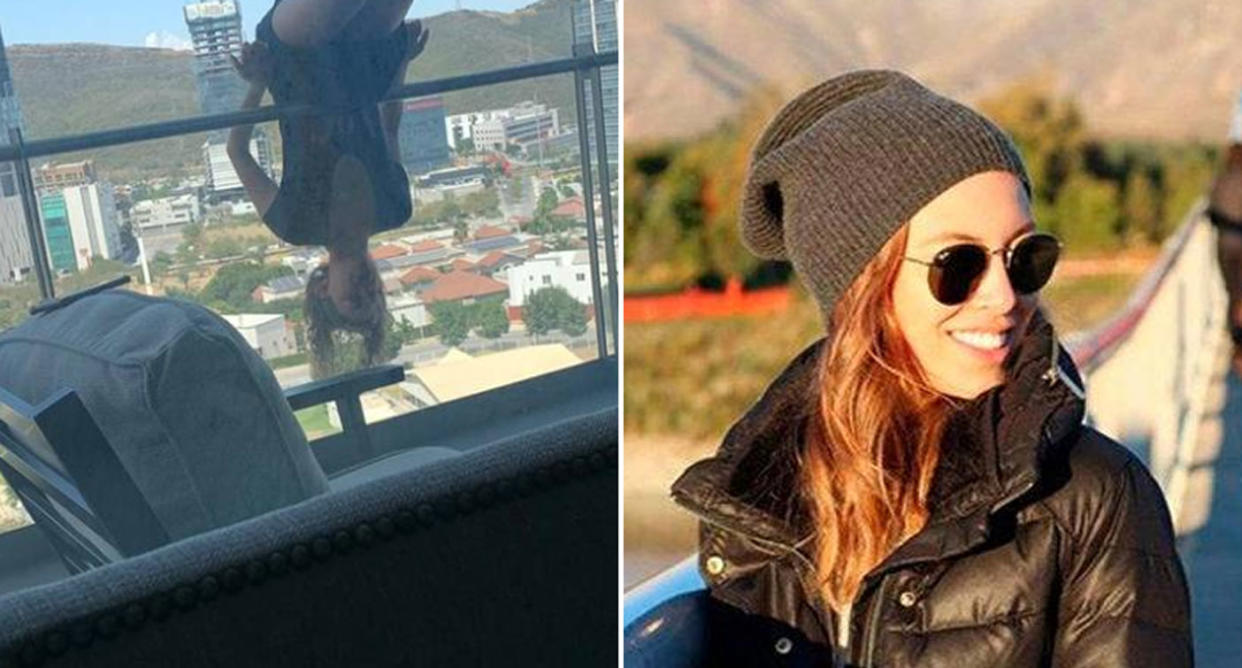 Alexa Terrazas Lopez, 23, seen hanging from a balcony railing in Mexico. She's fallen eight metres and suffered fractures to both her legs.