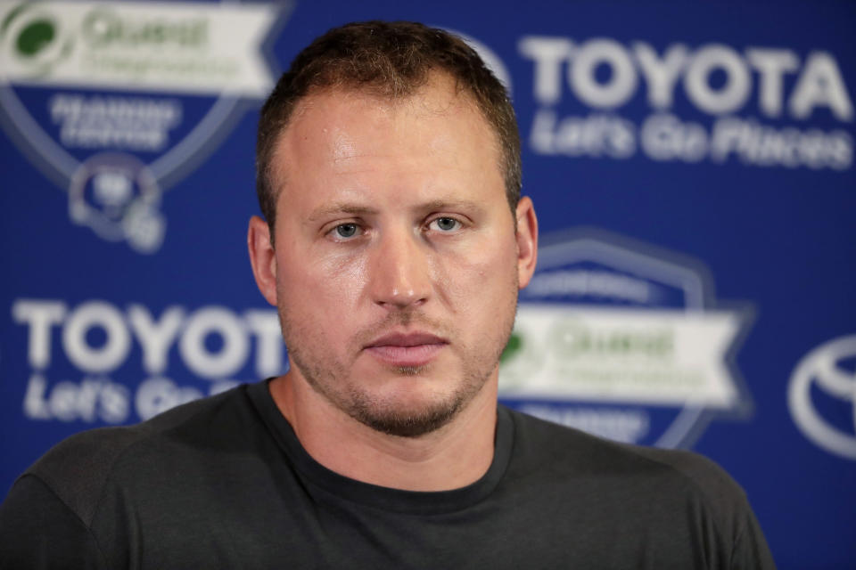 New York Giants offensive tackle Nate Solder speaks to reporters during NFL football training camp, Thursday, July 26, 2018, in East Rutherford, N.J. (AP Photo/Julio Cortez)