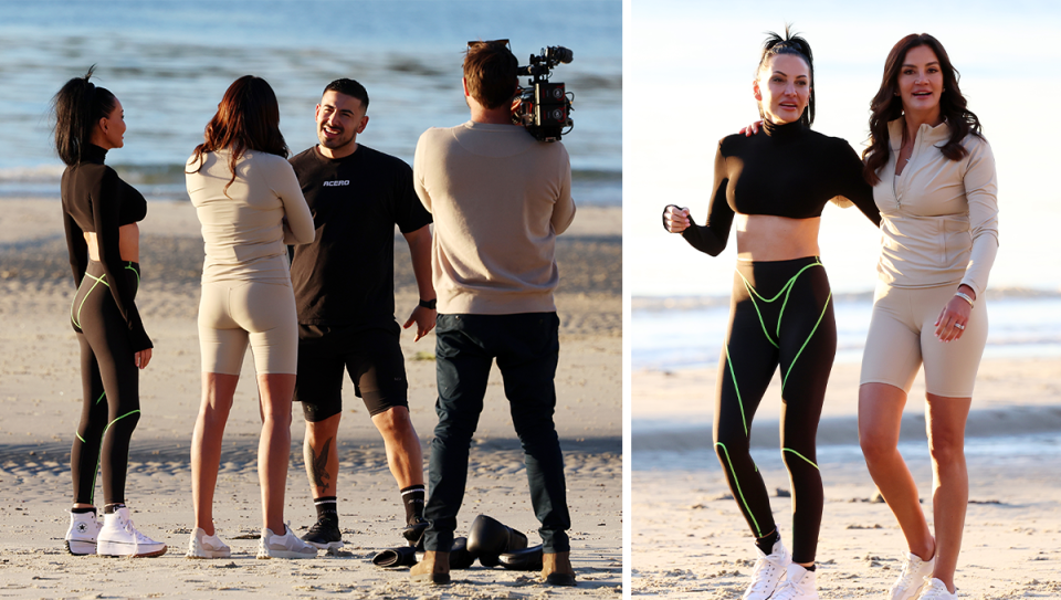 Krissy Marsh and Jono Castano filming The Real Housewives of Sydney on the beach.