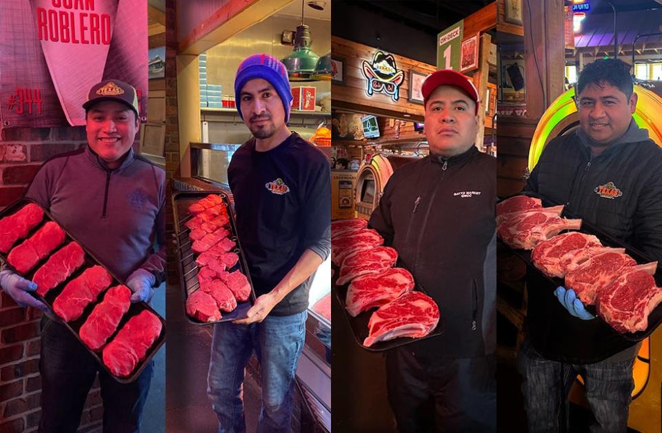 From left to right, a composite image shows Juan Roblero of Dyer, Ivan Xique of Fishers, Antonio Benitez Gregorio of Indianapolis, and Adelio Cabrera Nolasco of Avon, who will compete for a chance at $25,000 and title of "Meat Cutter of the Year" in a national competition by Texas Roadhouse on March 7.