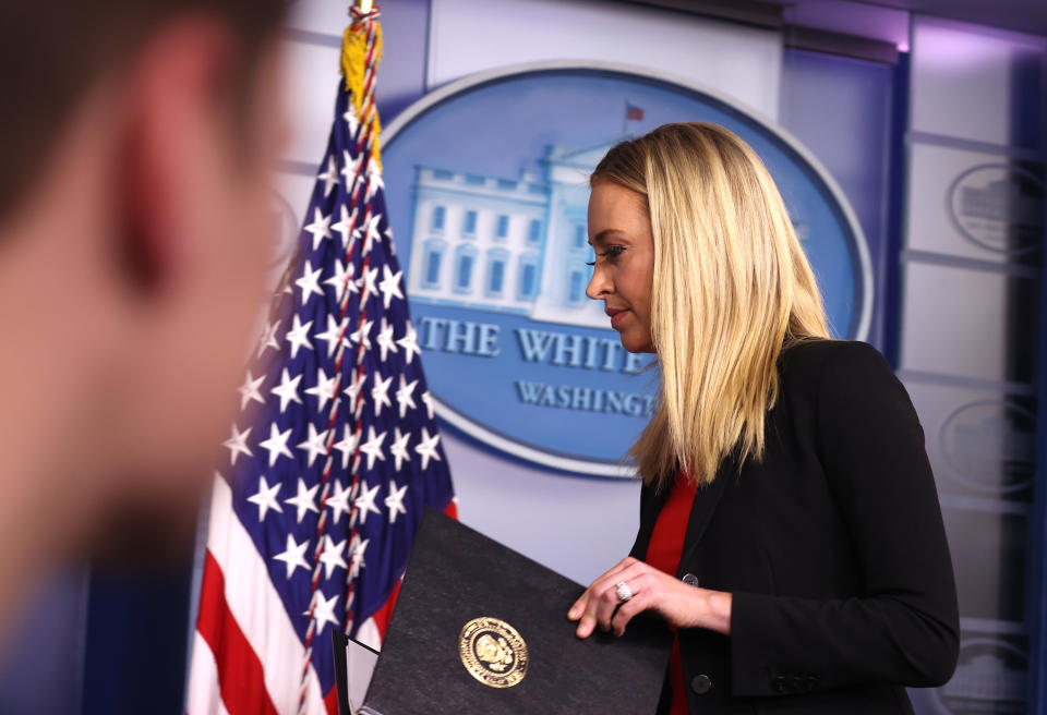 WASHINGTON, DC - JANUARY 07: White House Press Secretary Kayleigh McEnany leaves the podium after making a statement in the James Brady Press Briefing Room on January 07, 2021 in Washington, DC. McEnany delivered remarks a day after armed protesters breached the U.S. Capitol to disrupt the vote to ratify President-elect Joe Biden's 306-232 Electoral College win over President Donald Trump. (Photo by Tasos Katopodis/Getty Images)