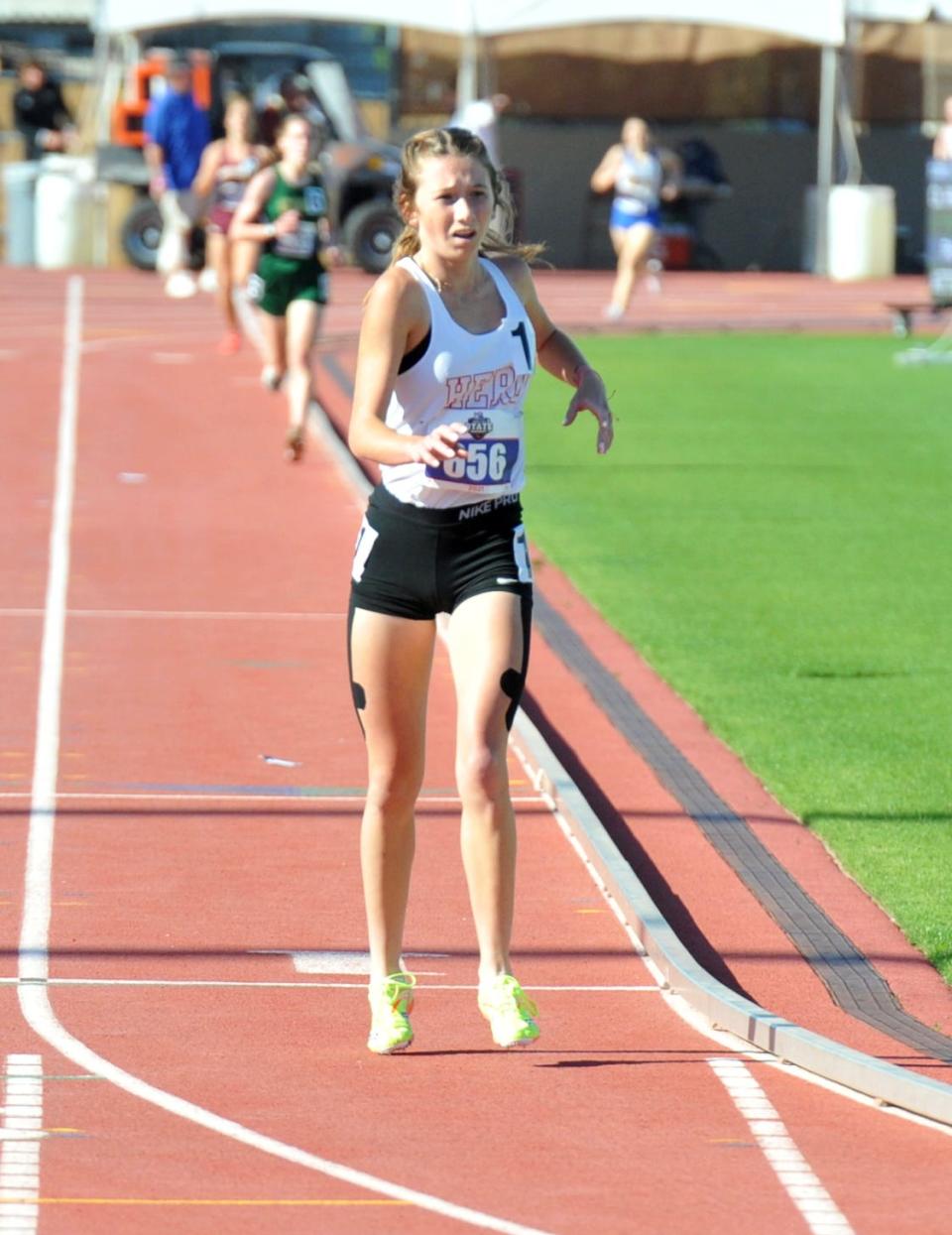 Holliday's Jaycee Lyons crosses the finish line in fourth in the Class 3A girls 3,200 meters at the UIL State Track  & Field Championships on Thursday, May 6, 2021, at Mike A. Myers Stadium in Austin.