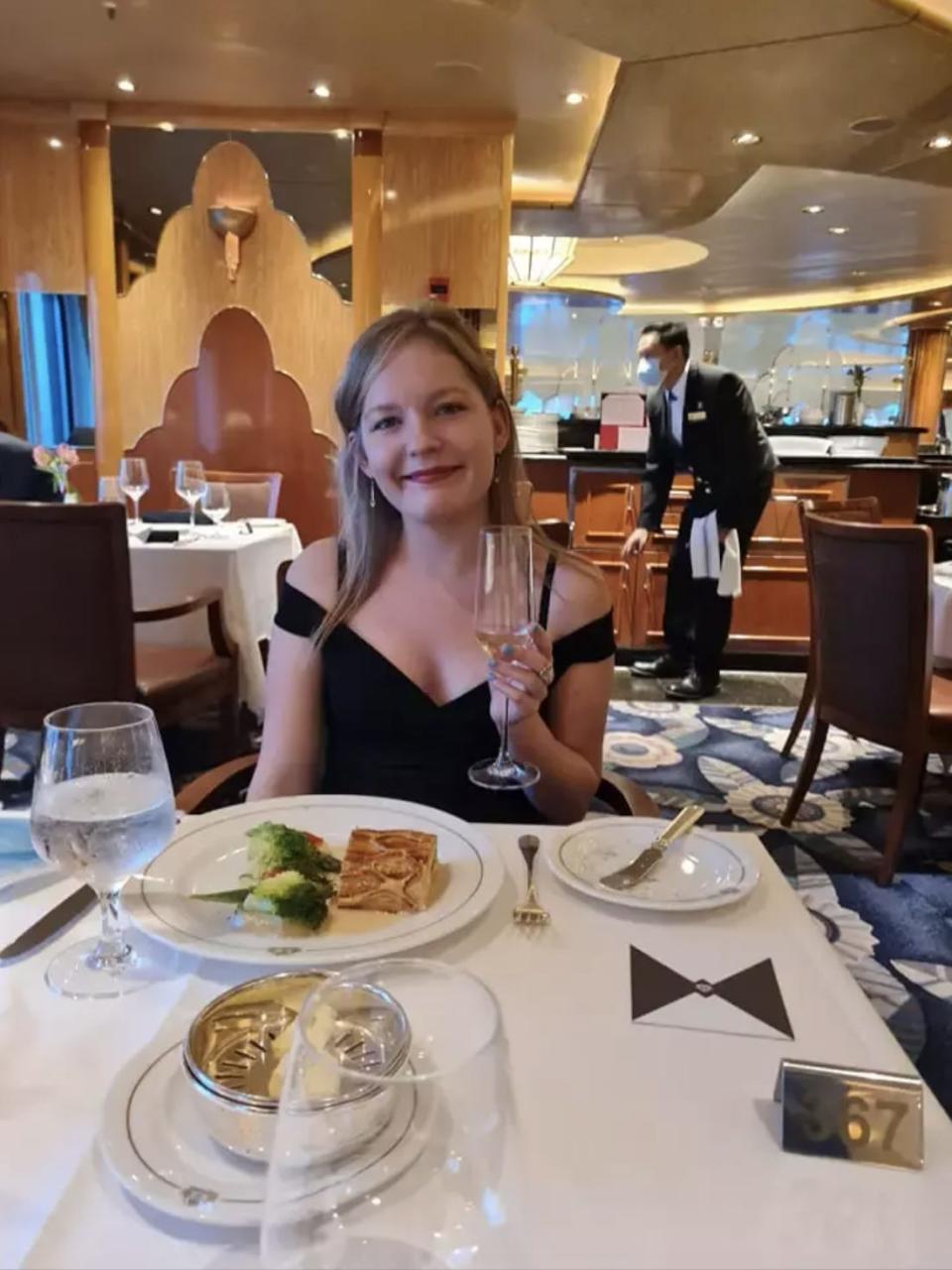 Mikhaila Friel at her dinner table on the Cunard ship.