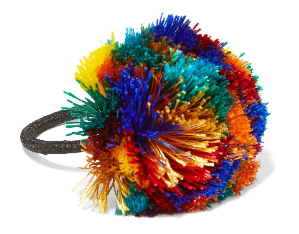 <p>Roseantica Guatemala Pompom Hair Tie, $125, <a rel="nofollow noopener" href="https://www.net-a-porter.com/us/en/product/716868/Rosantica/guatemala-pompom-hair-tie" target="_blank" data-ylk="slk:net-a-porter.com;elm:context_link;itc:0;sec:content-canvas" class="link ">net-a-porter.com</a>.</p>