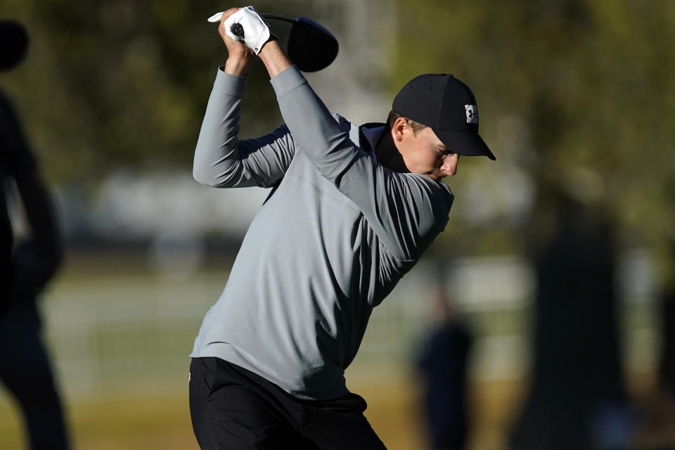 Jordan Spieth tees off on the 11th hole during the third round of the Genesis Invitational golf tournament at Riviera Country Club, Saturday, Feb. 20, 2021, in the Pacific Palisades area of Los Angeles. (AP Photo/Ryan Kang)