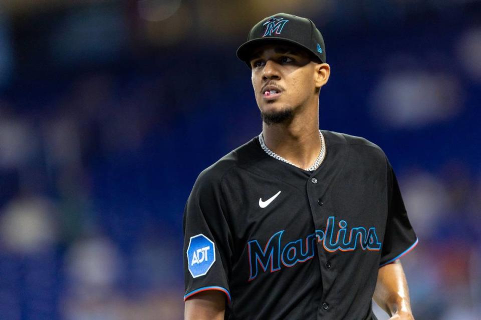 Miami Marlins pitcher Eury Perez (39) reacts during the second inning of an MLB game against the Washington Nationals at loanDepot park in the Little Havana neighborhood of Miami, Florida, on Thursday, May 18, 2023.