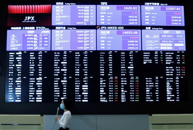 FILE PHOTO: A TV reporter stands in front of a large screen showing stock prices at the Tokyo Stock Exchange after market opens in Toky