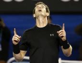 Andy Murray of Britain celebrates after defeating Nick Kyrgios of Australia in their men's singles quarter-final match at the Australian Open 2015 tennis tournament in Melbourne January 27, 2015. REUTERS/Thomas Peter