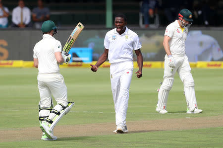 Cricket - South Africa vs Australia - Second Test - St George's Park, Port Elizabeth, South Africa - March 9, 2018 South Africa’s Kagiso Rabada celebrates taking the wicket of Australia’s Steve Smith REUTERS/Mike Hutchings