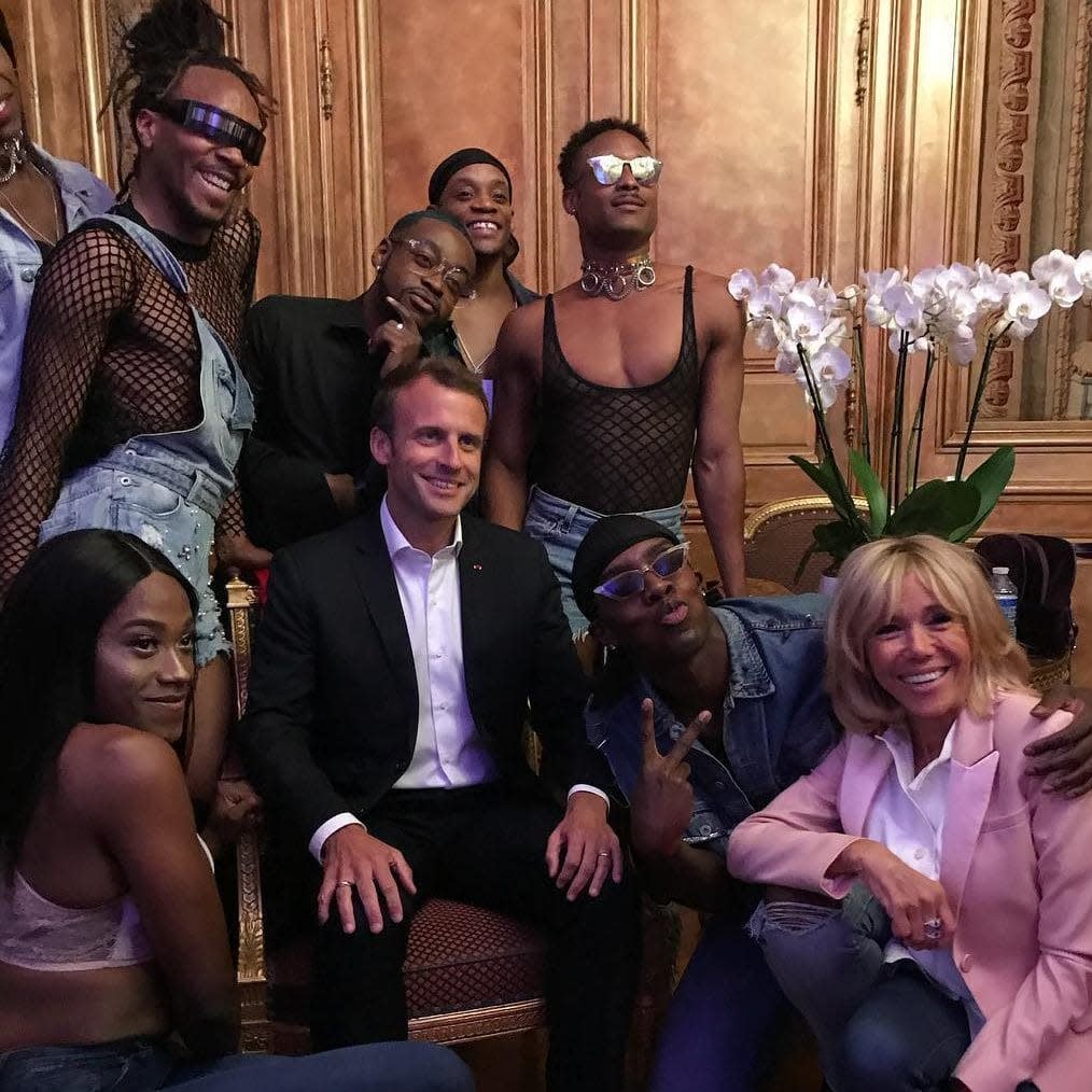 Emmanuel Macron and his wife Christine pose with LGBT dancers during an electronic music party, provoking outrage among France's Rightwingers - Pierre Olivier Costa/via Instagram