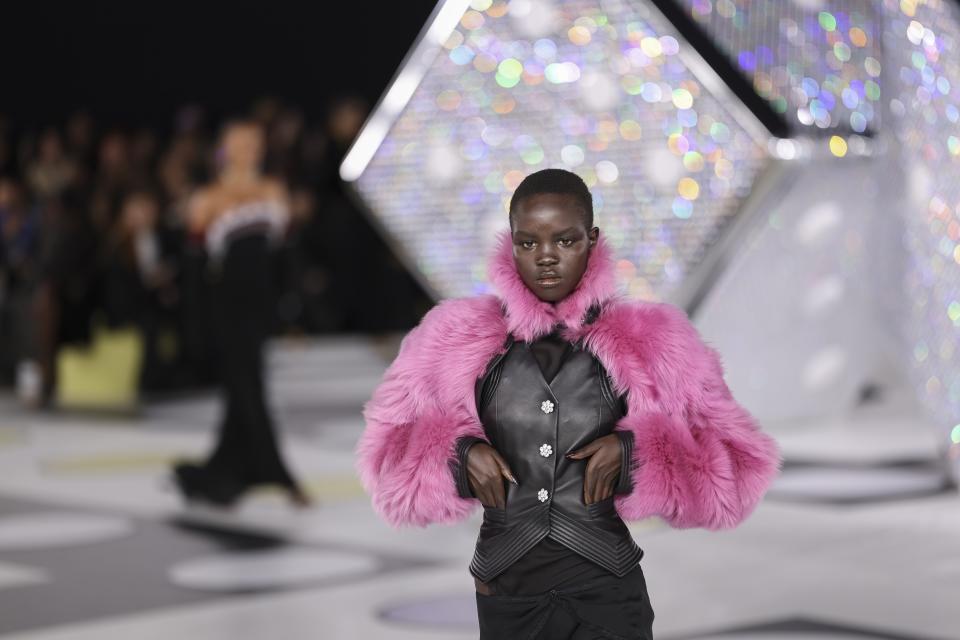 A model wears a creation as part of the Off-White Fall/Winter 2024-2025 ready-to-wear collection presented Thursday, Feb. 29, 2024 in Paris. (Photo by Vianney Le Caer/Invision/AP)