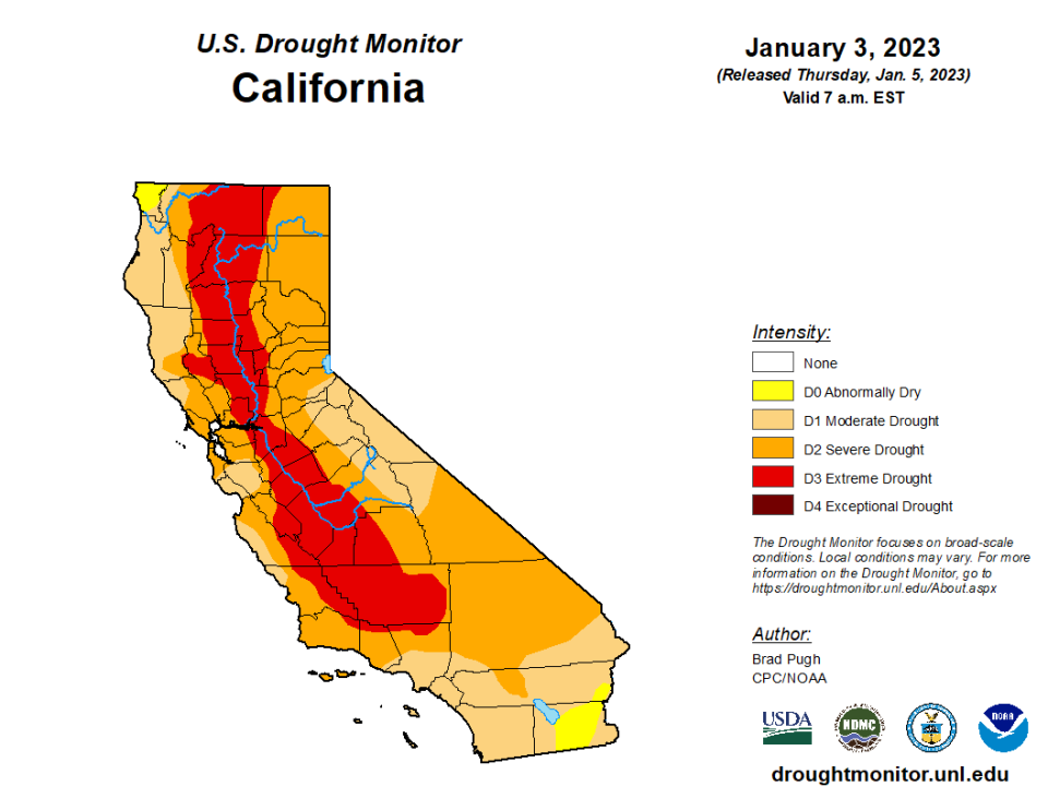 Drought conditions in California on the week of Jan. 3