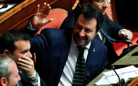 Northern League leader and senator Matteo Salvini gestures at the Senate during the first session since the March 4 national election in Rome, Italy March 23, 2018. REUTERS/Remo Casilli