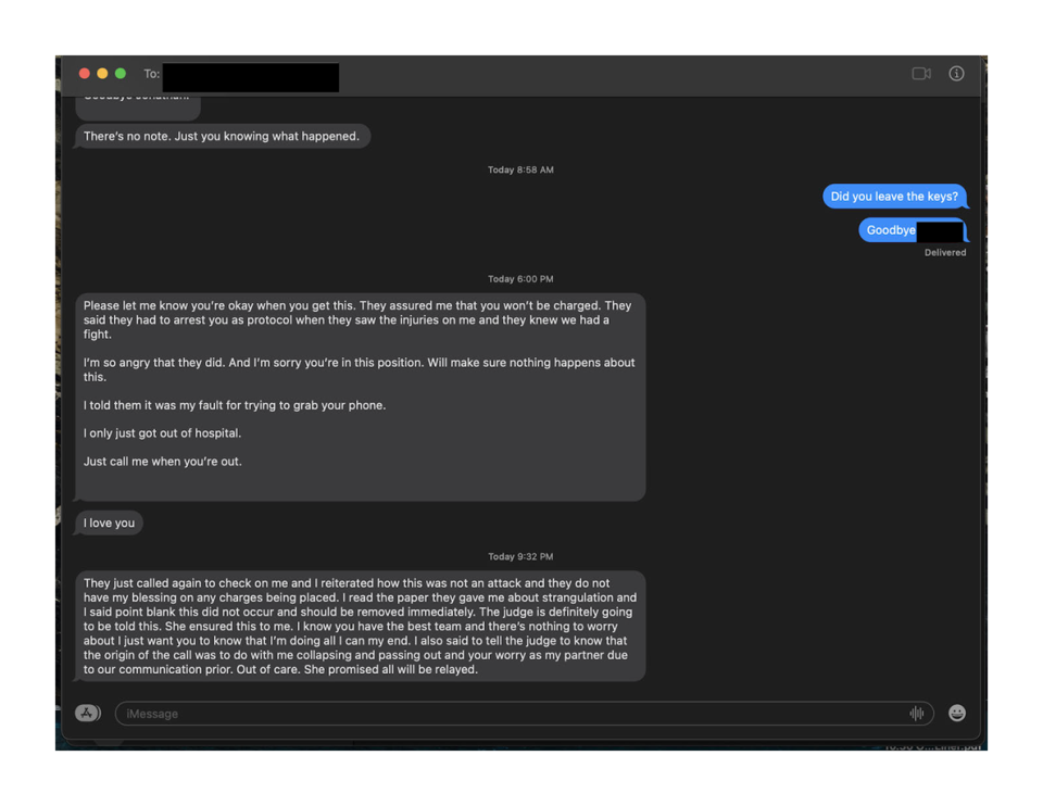A screenshot of Jonathan Major&#39;s text exchange with the woman he is accused of assaulting provided by his attorney.