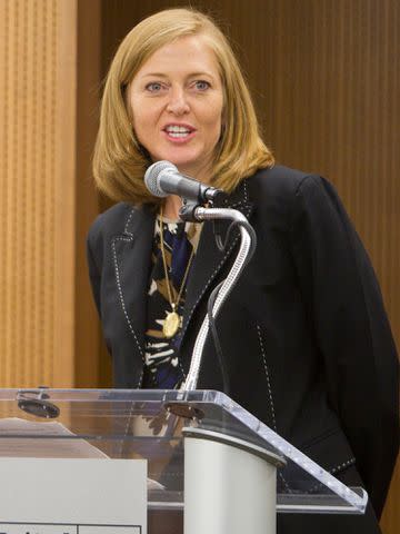 <p>Andrew Harrer/Bloomberg/Getty</p> Libby Gates Armintrout speaks at the dedication ceremony of the United Way Worldwide Mary M. Gates Learning Center in Alexandria, Virginia on Oct. 13, 2010.