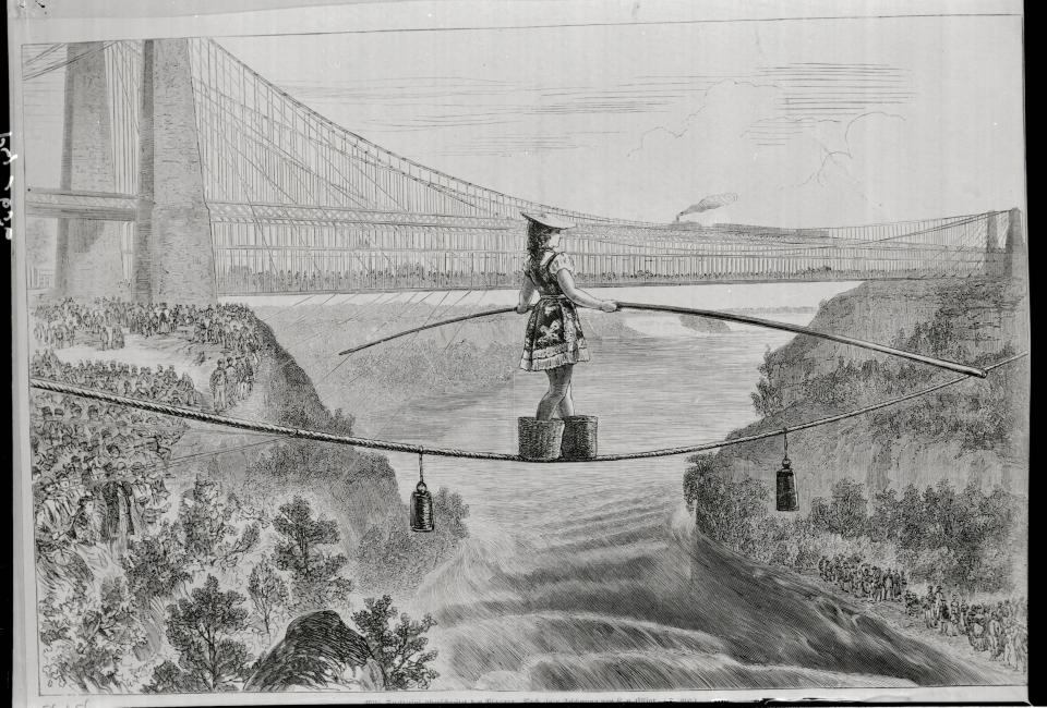 A woodcutting of Maria Spelterini making the crossing over the gorge in 1876.