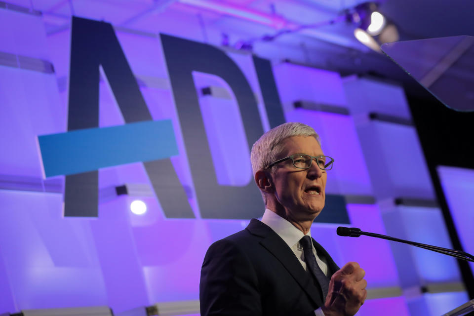 Apple CEO Tim Cook speaks at the Anti-Defamation League’s “Never is Now” summit in New York City, New York, U.S., December 3, 2018. REUTERS/Brendan McDermid