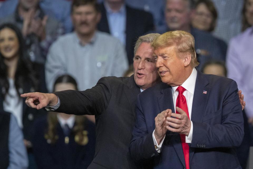 Kevin McCarthy and Donald Trump attend a legislation signing rally on February 19, 2020 in Bakersfield.