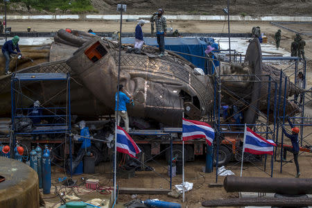 FILE PHOTO: Labourers work on the giant bronze statue of former King Rama I at Ratchapakdi Park in Hua Hin, Prachuap Khiri Khan province, Thailand, August 5, 2015. REUTERS/Athit Perawongmetha/File Photo