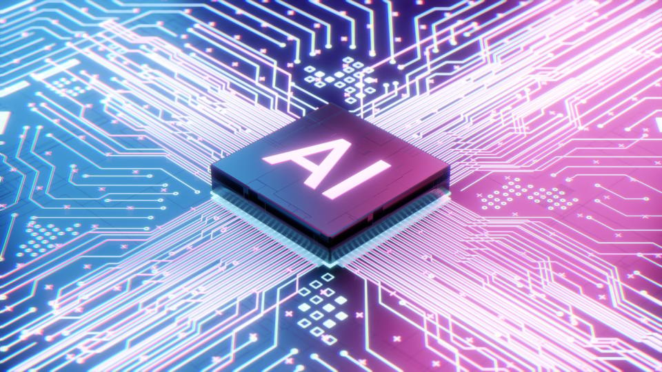 A chip labeled AI on a circuit board.