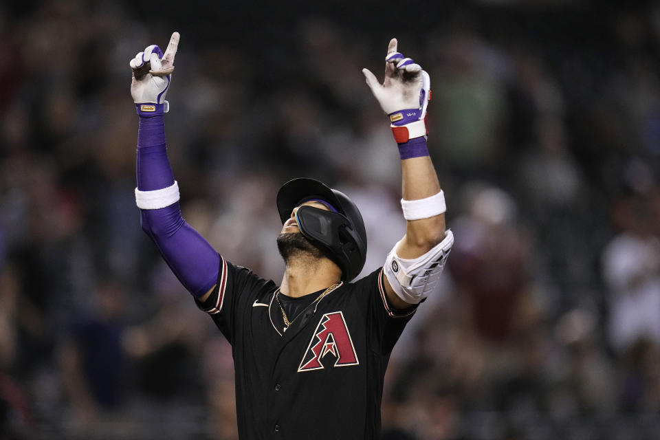 Arizona Diamondbacks' Lourdes Gurriel Jr. celebrates his two-run home run against the Baltimore Orioles during the first inning of a baseball game Friday, Sept. 1, 2023, in Phoenix. (AP Photo/Ross D. Franklin)