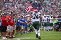 <p>New York Jets center Nick Mangold (74) is introduced before a game against the Cincinnati Bengals at MetLife Stadium. Mandatory Credit: Brad Penner-USA TODAY Sports </p>