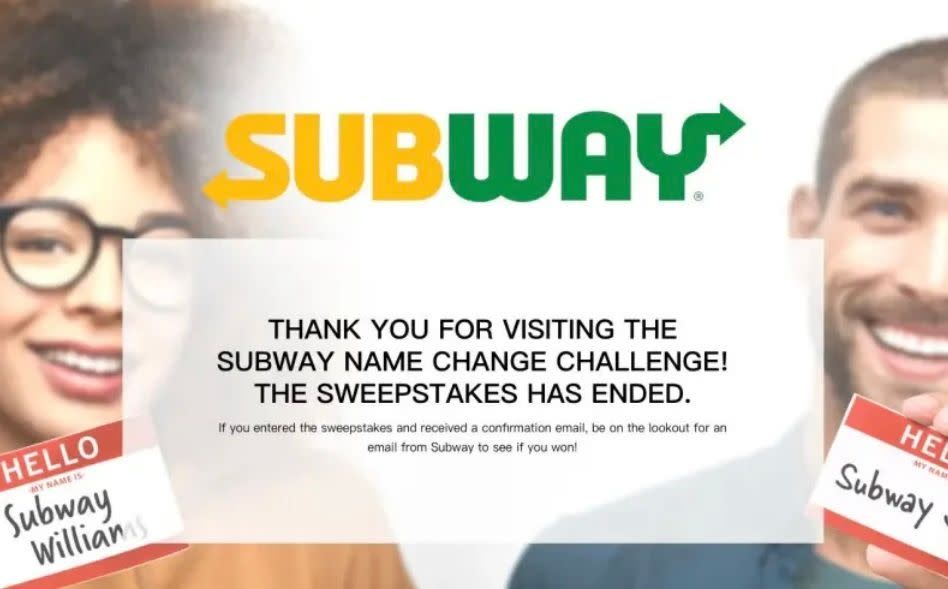 Subway改名活動已於8月4日截止。（翻攝自Subway官網）
